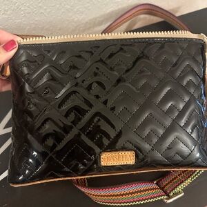 Consuela Black Quilted Crossbody Bag with Multicolor Strap